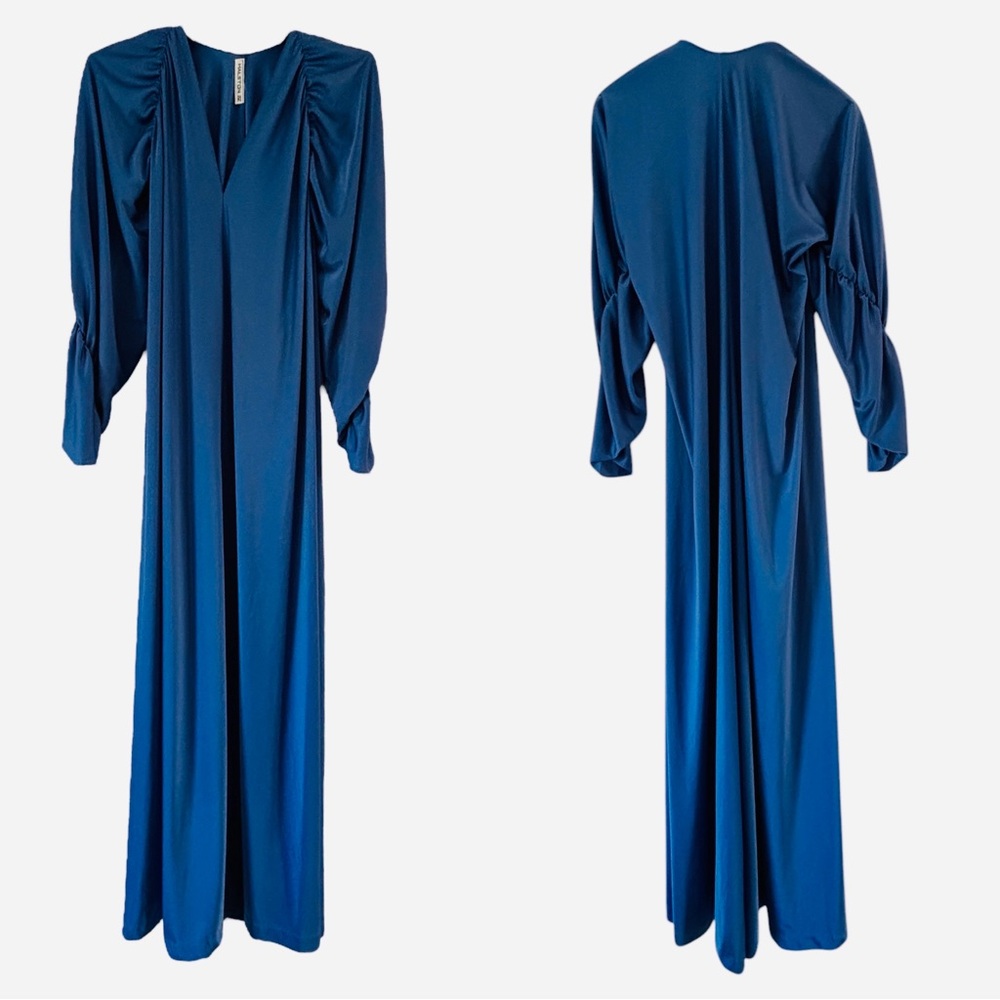 Halston IV Vintage 70’s Dorian Royal Blue Shirred Sleeve “Tent” Maxi Dress